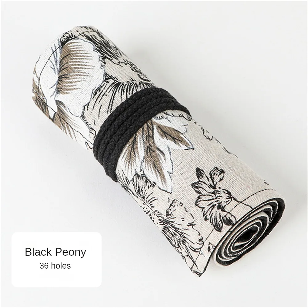 Canvas Pen Curtain Black Peony Japanese Print Easy To Carry Folding Storage Elastic Socket High Capacity Pencil Case Pen Curtain