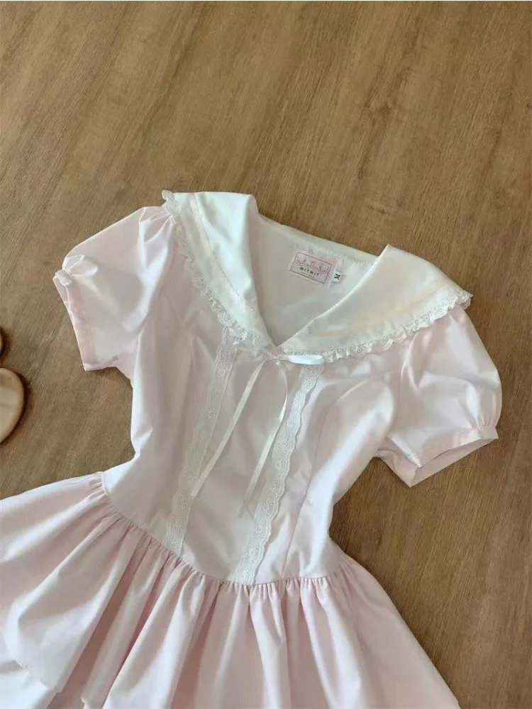 Sweet SAILOR COLLAR Slim ผู้หญิงชุดลูกไม้ Kawaii แขนสั้น Fluffy ชุดใหม่ Harajuku แฟชั่น Fairy เสื้อผ้าฤดูร้อน 2025