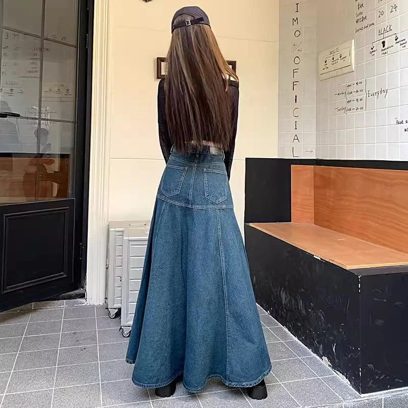 New Women Spring Summer Long Denim Skirt Fashion All-match High Waist Hip Wrap Ankle-Length Skirt Casual Loose Mermaid Skirt