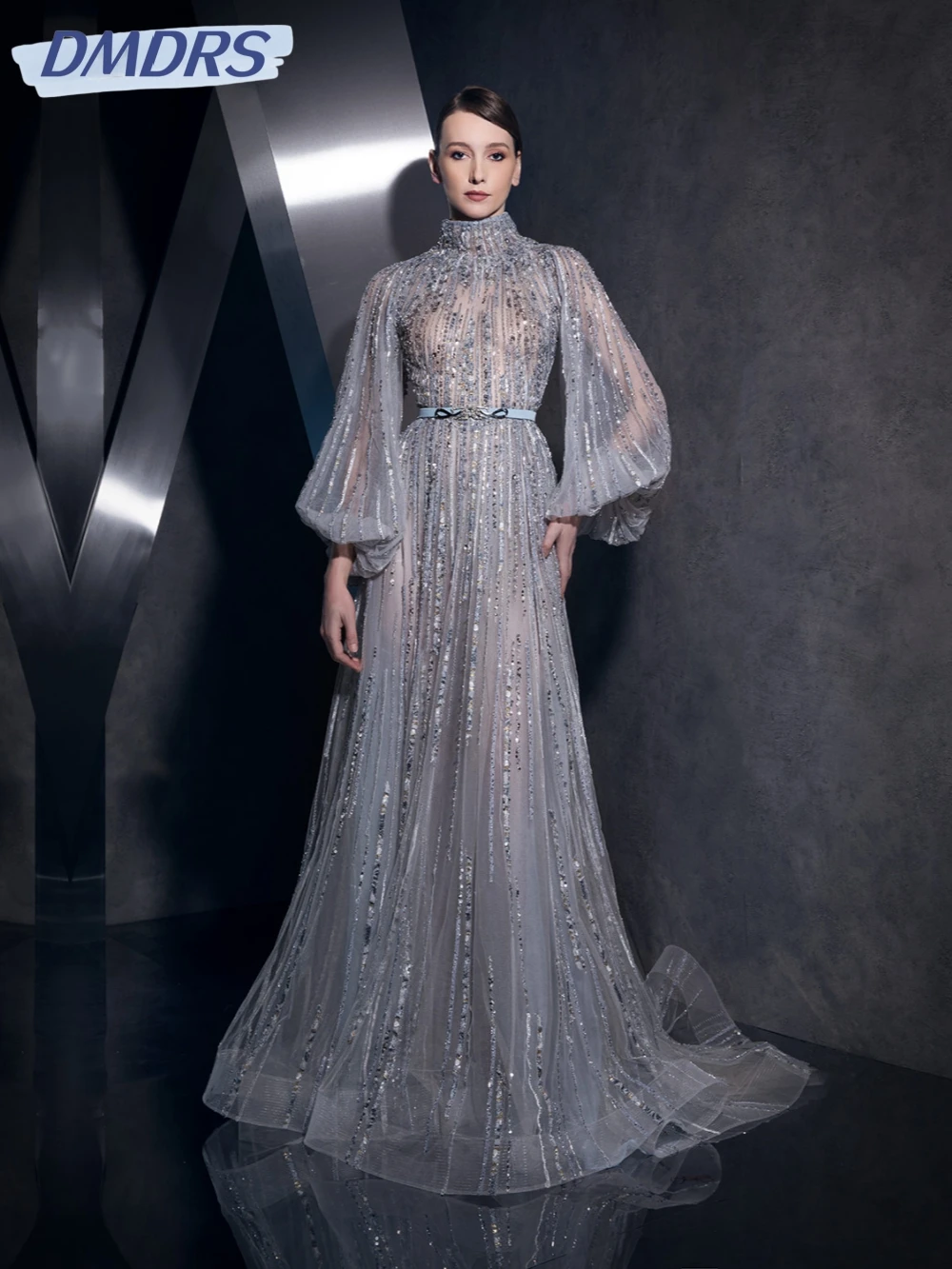 

Illusion Exquisite Beaded Long Sleeve Evening Dress Graceful High Collar Wedding Party Gown Customized A-line Prom Dresses