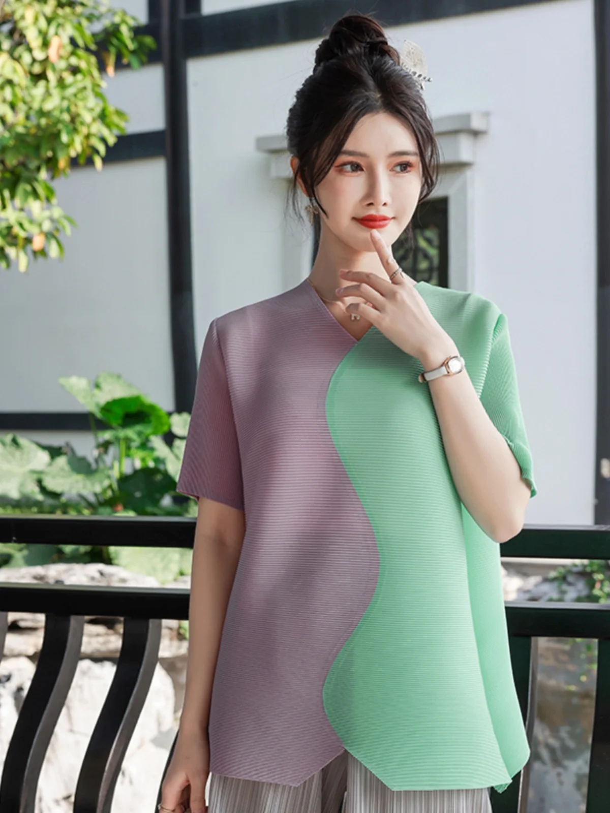 

Ele Pleated Color Blo ort Sve V-Ne T-irt Women's Loose Fit Retro Sle Summer Faion plus Size Mom Top