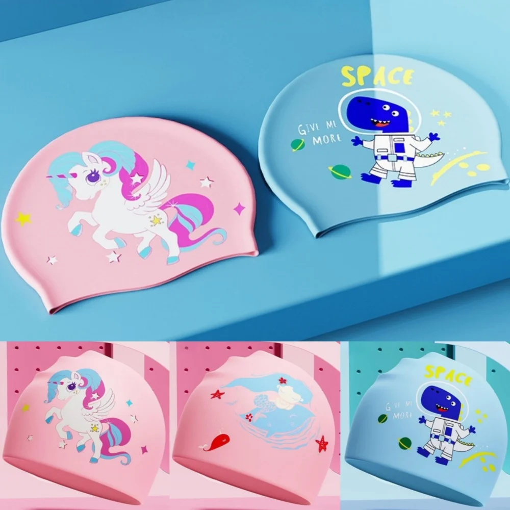 2026 summer Funny Kids Swimming Caps Boy and Girl Waterproof Swimming Pool Protect Ears Long Hair Silicone Cartoon Diving Hat