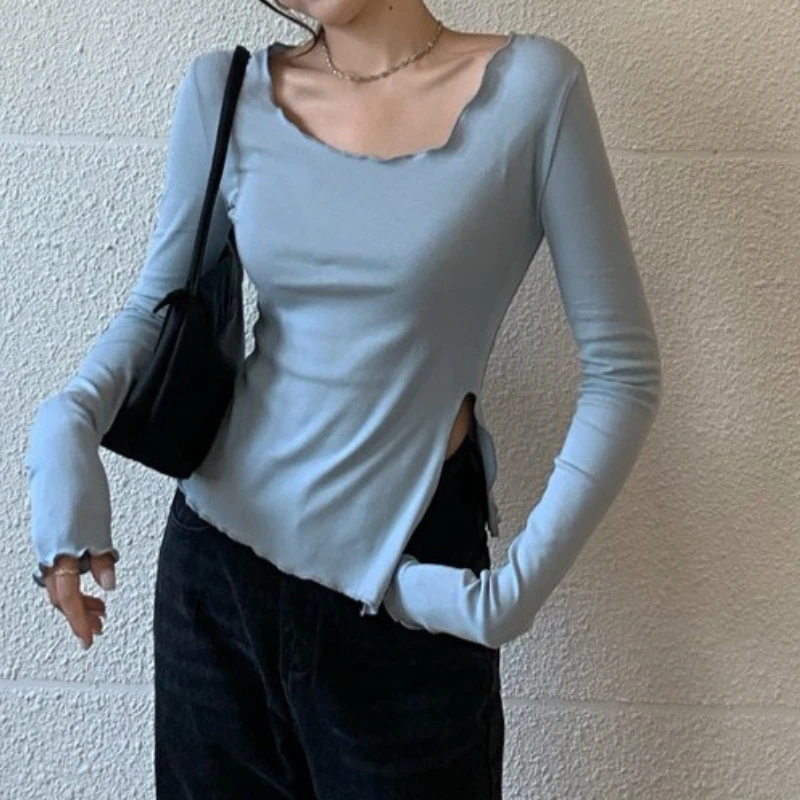 

Slim Short Slit Long Sleeves Crew Neck Skinny Base Shirt Top Women's Pre-fall with A New T-shirt