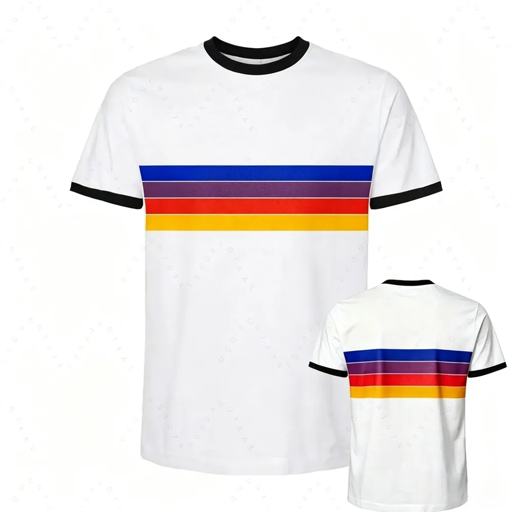Vibrant Multicolor Horizontal Stripe Print Men T Shirt Contrast Collar Retro Ringer Casual Street Short Sleeve Tee