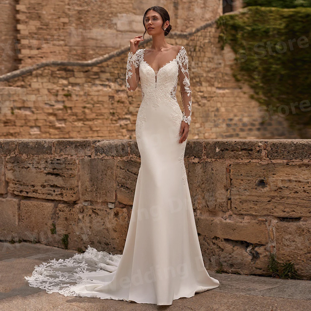 

Charming Mermaid Women's Wedding Dresses Long Sleeve Vestidos De Novias De Boda Bride Gowns Customized Lace Appliques Vestidos