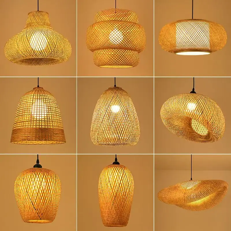 Bamboo Lantern Pendant Lamp,Retro Japanese Style E27 Chandelier Hanging Light Ceiling Lighting Fixture with 1.2m cord and Lamp