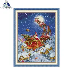 Cross Stitch Kit Joy Sunday Santa Claus On The Road HD Pattern Printed Counted Fabric Aida 16/14/11CT DIY Embroidery Kit New Hot