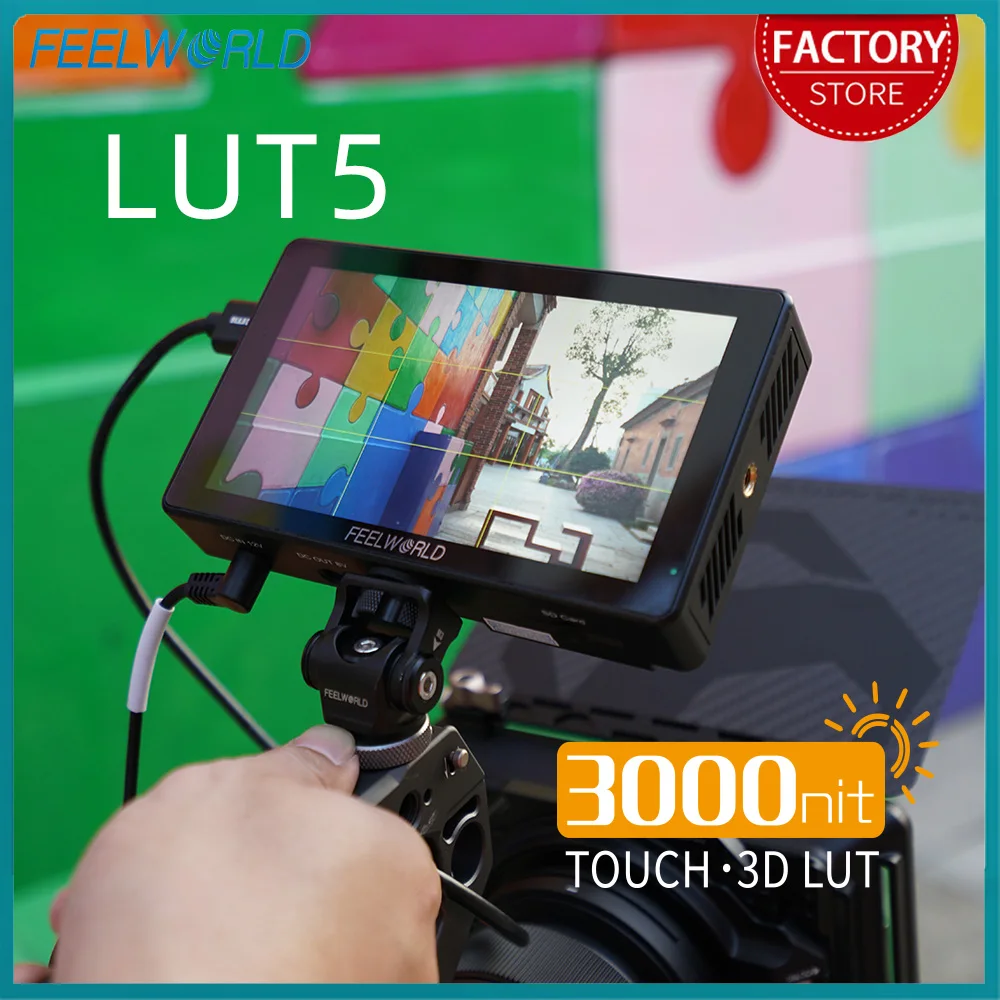 FEELWORLD LUT5 5.5 Inch 3000nit Ultra Bright Touch Screen DSLR Camera Field Monitor IPS 1920X1080 4K HDMI Input Output DC OUT