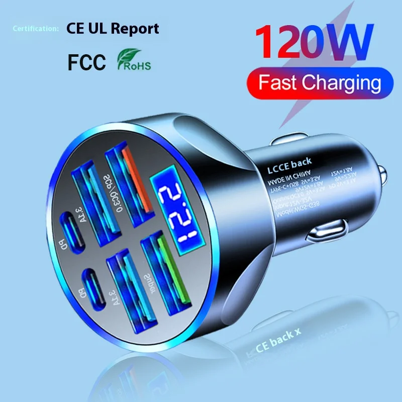 Six-in-one multi-port with digital display support ultra-fast car charger 6-port with voltage car one tow six fast charger car c