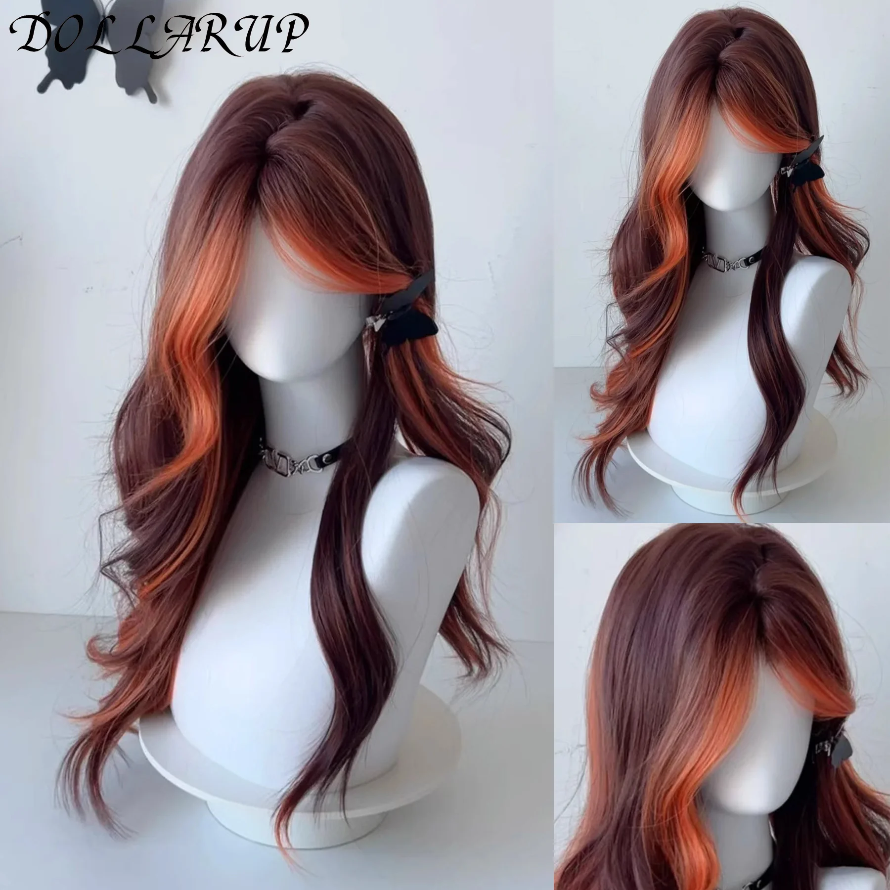 Orange Highlights Red Brown for Women Wavy Natural Hair Wigs with Long Bangs Cosplay Party Wigs Heat Resistant ﻿