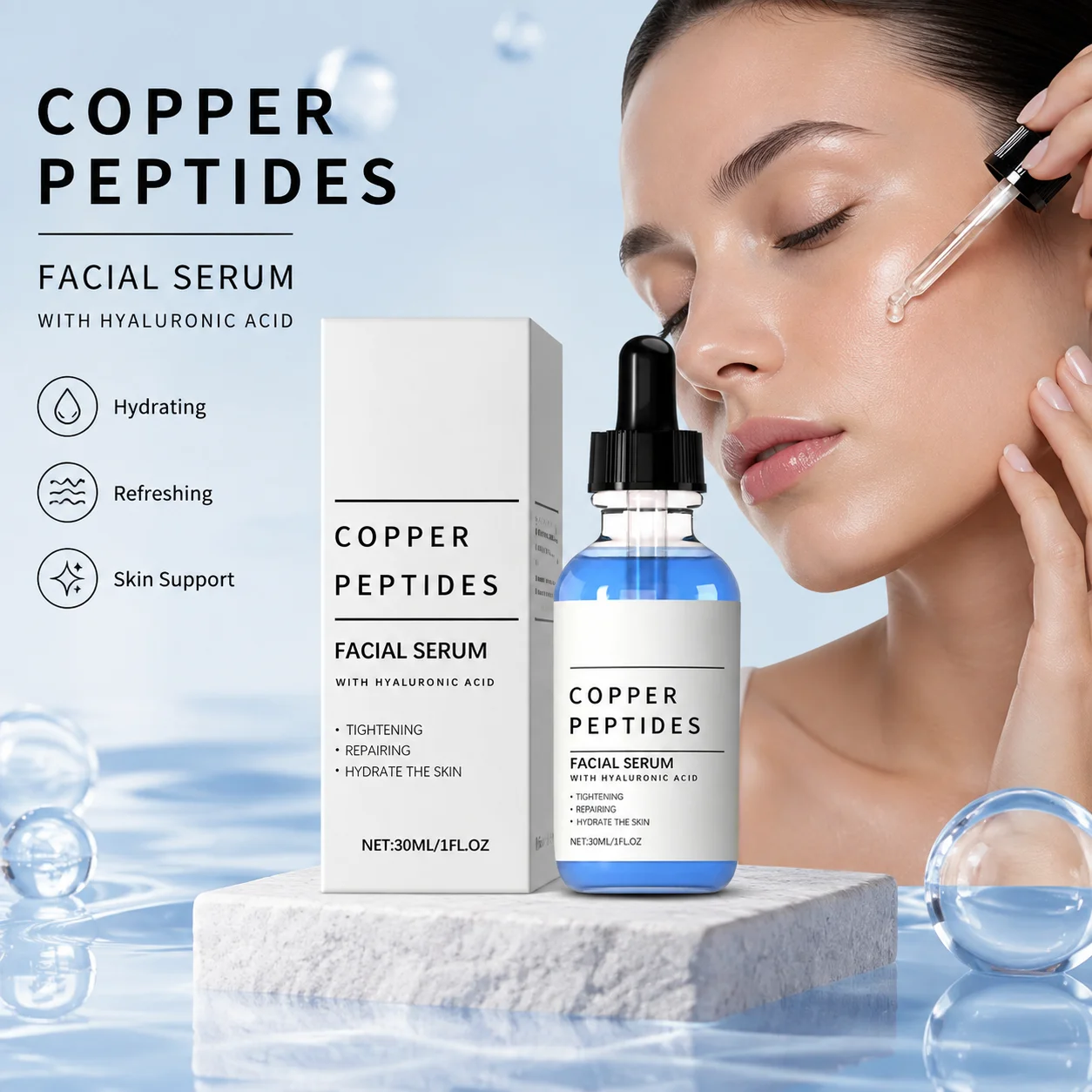 1/2/3/4/5/8 Pcs Copper Peptides Facial Serum Hydrating 30ml Dropper Serum Lightweight Daily Skincare Moisturizing For Dry Skin