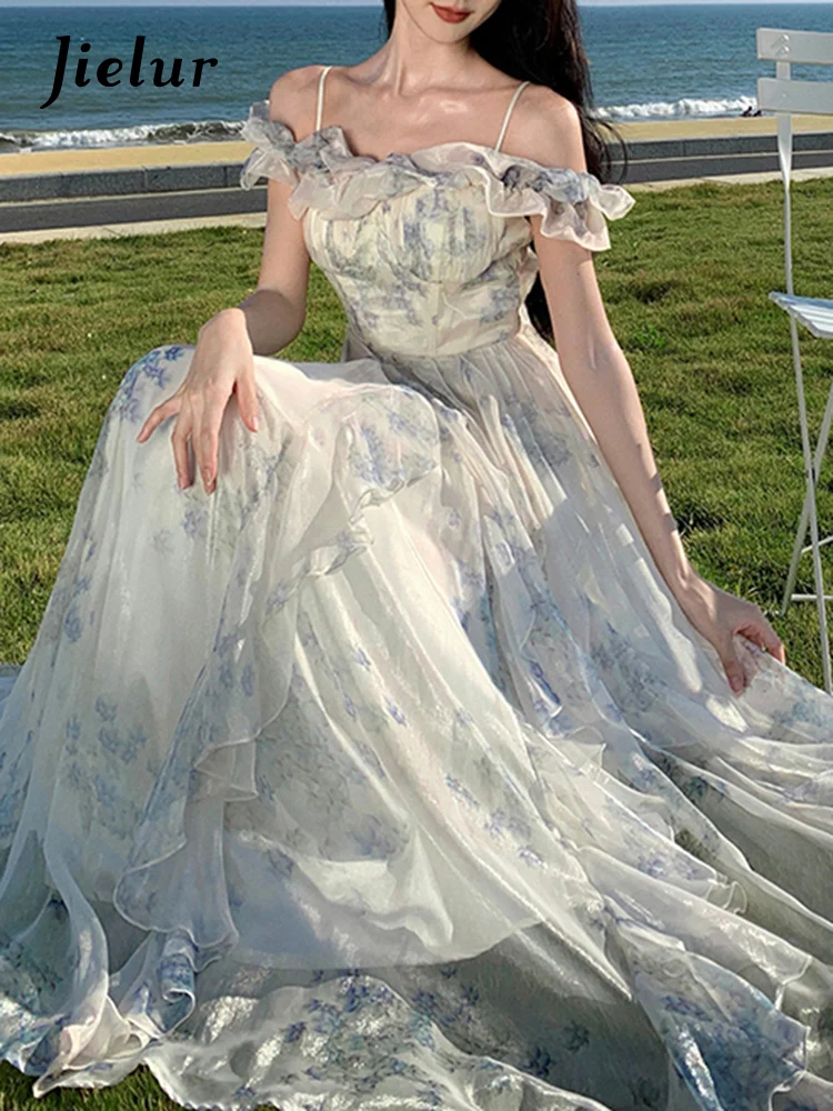 

Jielur Милое женское платье в пляжном стиле с оборками, модное сексуальное летнее платье Макси без рукавов с принтом и вырезом лодочкой для молодых женщин