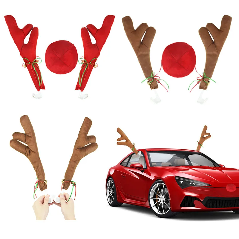 

2024 Large Reindeer Christmas Decor Car Vehicle Nose Horn Costume Set Christmas Reindeer Antlers Red Nose Ornaments Elk Antler