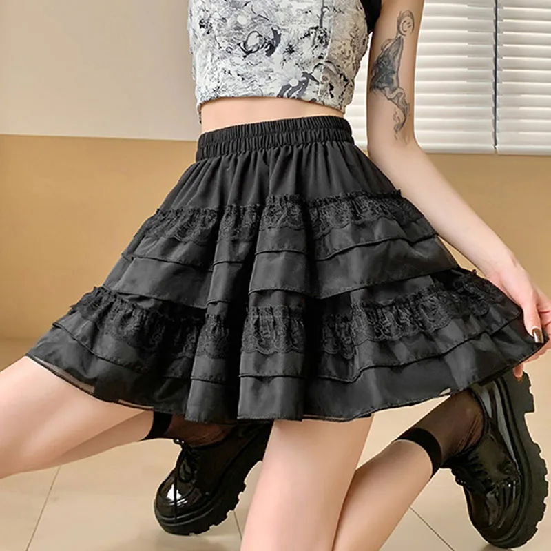 Sweet Lovely Lace Cake Mini Skirt Women Elastic Waist Punk Gothic Black Y2K Short Skirts Woman Korean Style Student A-Line Skirt