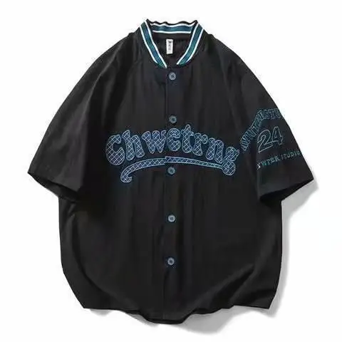 W koreańskim stylu na lato strój baseballowy retro koszula z luźna krótka rękawami kurtka in American drukowana koszule dla par mężczyzn i kobiet modna y2k