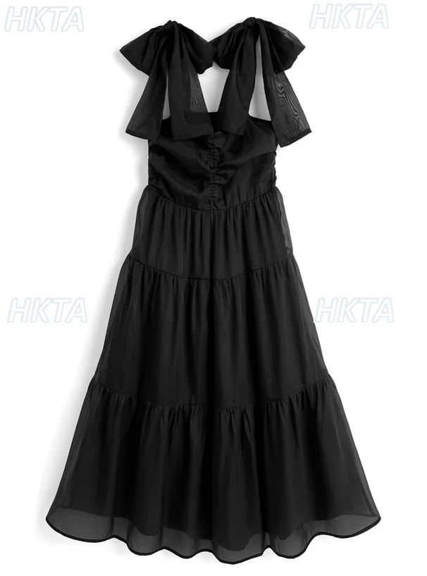 Japanse stijl zomer nieuwe 2025, zoete elegante strikriem, elastische taille, losse commuter lange jarretel, dames chiffon jurken, dames