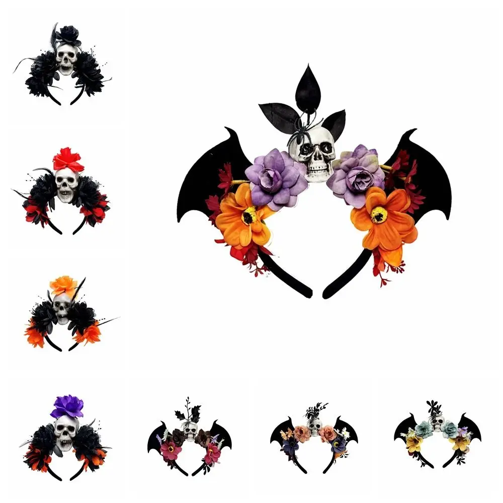 Dark Skull Head Headband ตกแต่งฮาโลวีนดอกไม้จําลองฮาโลวีน Skull Headband ค้างคาว Headdress Day of The Dead แถบคาดศีรษะ