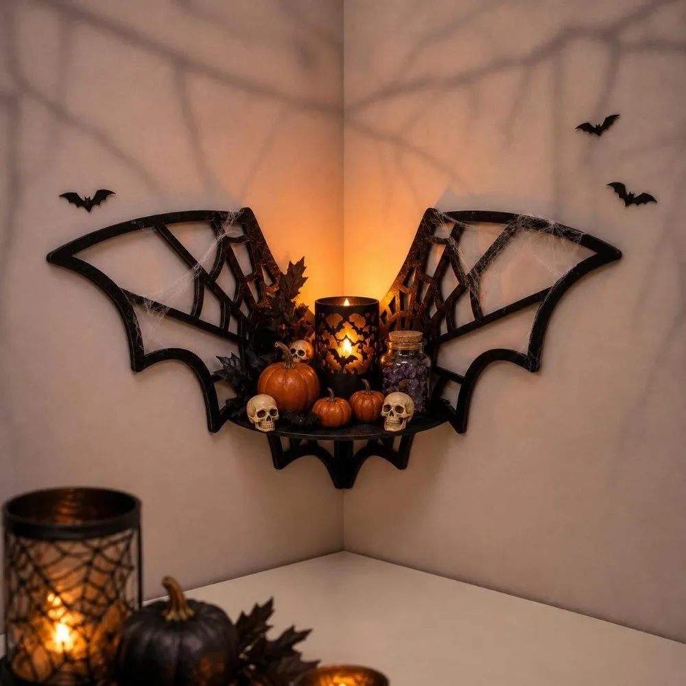 Wooden Bat Corner Shelf Black Wall Mounted Floating Storage Shelf Creative Shape Hollow Pattern Wall Display Shelf Halloween