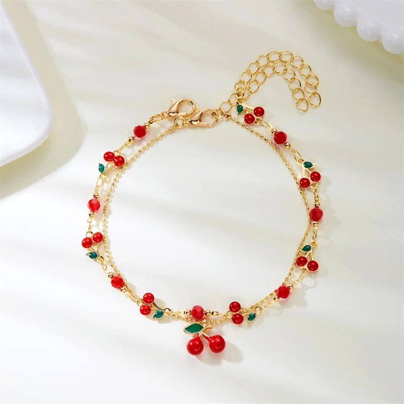 Nette Süße Rote Kirsche Kette Armband Halskette Für Frauen Vintage Gold Farbe Blume Obst Schlüsselbein Fußkettchen Hochzeit Schmuck – Detail 17