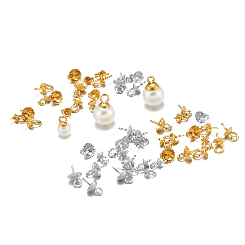 50-100pcs Stainless Steel Pearl Support Eye Pins Bail Top Drilled Beads End Caps Connectors for DIY Jewelry Earrings Making Bulk