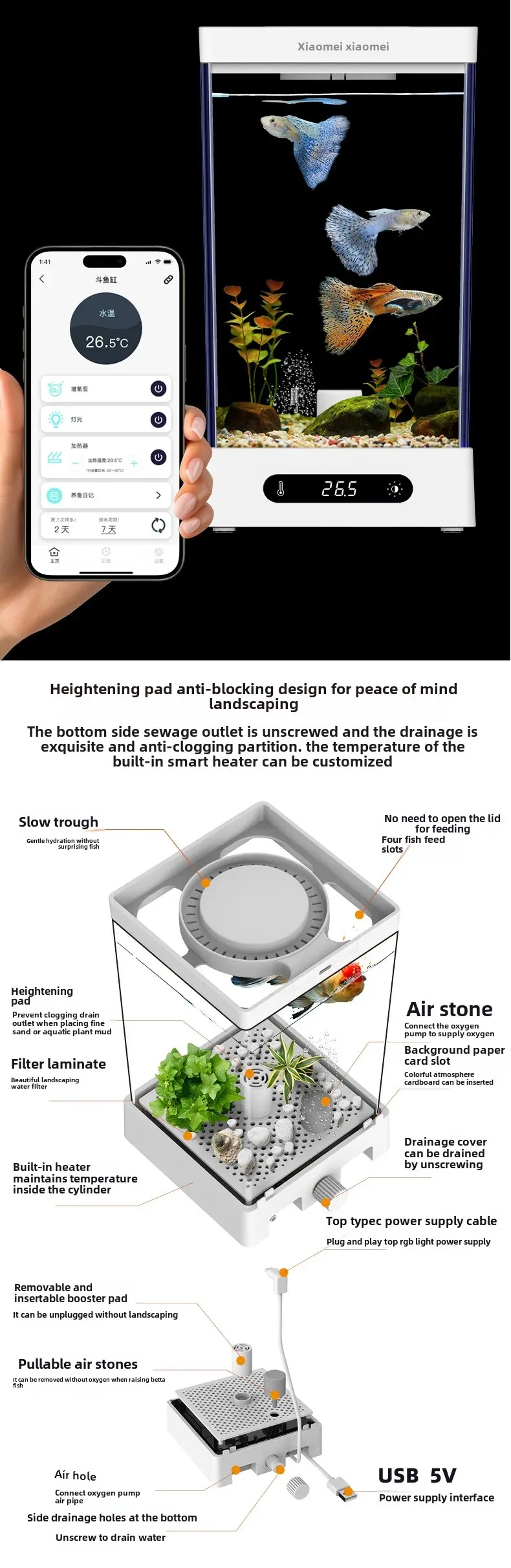 Smart Betta Fish Tank Mini Desktop Aquarium with Constant Heating Thermostatic Full Color LED Light Eco Night Lamp