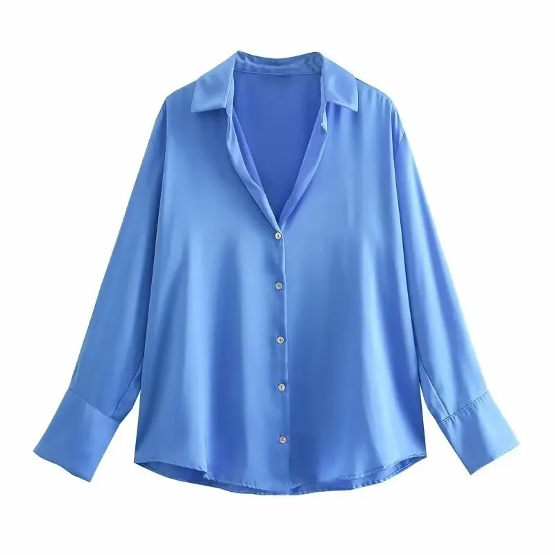 Chemise en satin à manches longues pour femmes, chemisiers boutonnés, chemise de travail de bureau décontractée, col en V, t-shirt femme vintage, vêtements Y2K