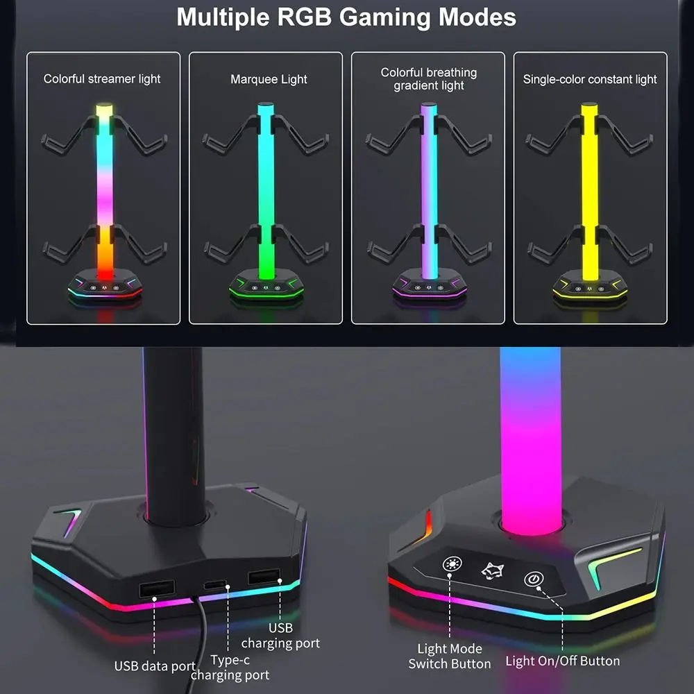 

RGB Light Headphone Stand Anti-slip Multi-functional Gamepad Holder Data Transmission Headset Desktop Stand for Playstation5/PS5