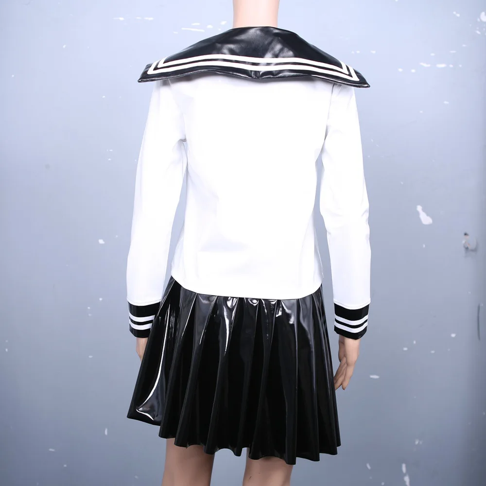 Women Lady Sexy Faux Leather Shirt Skirt Set Suit Black White Red Tie Student Stylish Uniform