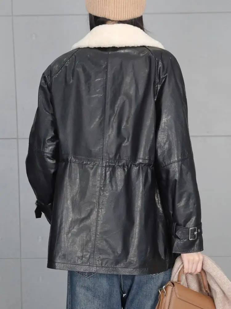 Concise Genuine Leather Down Coat Fashion Ladies Zipper Turn Down Collar Outerwear Solid Color Slim Warm Sheepskin Jacket