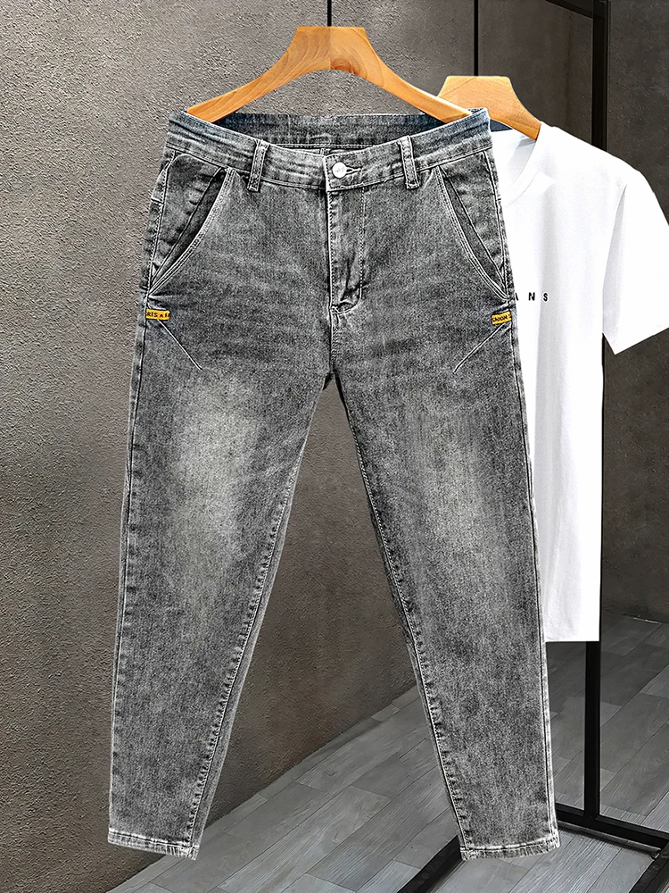 

Мужские джинсы Slim Fit на весну-осень, эластичные, повседневные, модные, в корейском стиле, новинка 2025 года, длинные брюки для отдыха, с множеством карманов, средняя посадка