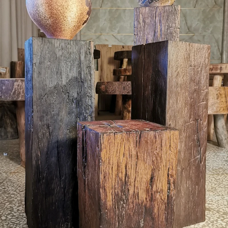 

Natural weathered wood square pier flower stand flower table demolition old material old wooden pile Chinese antique wabi
