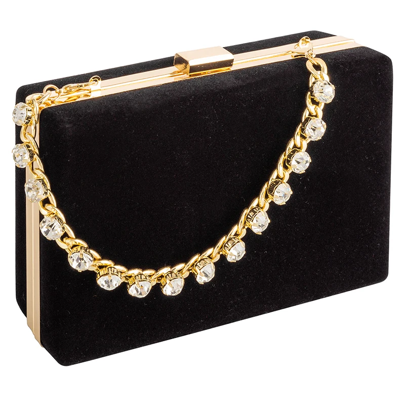 Satin Black Clutch Bag Women Luxury Rhinestone Box Shape Top Handle Female Evening Purses And Handbags Wedding Party Dress Purse