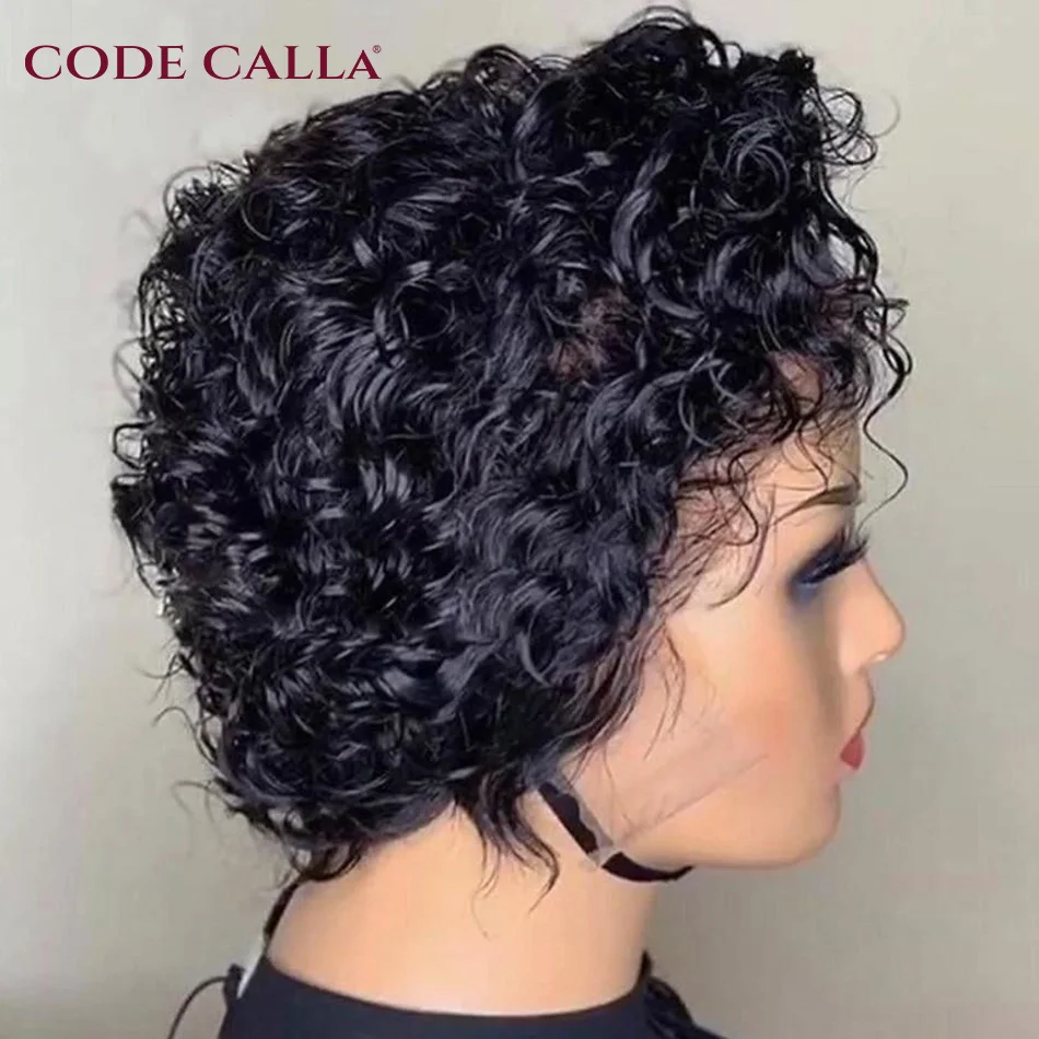 Peruca Curta de Cabelo Humano Encaracolado para Mulheres, Pixie Corte Perucas, Laço Transparente, Linha Fina Preplucked, Barato, 13x1