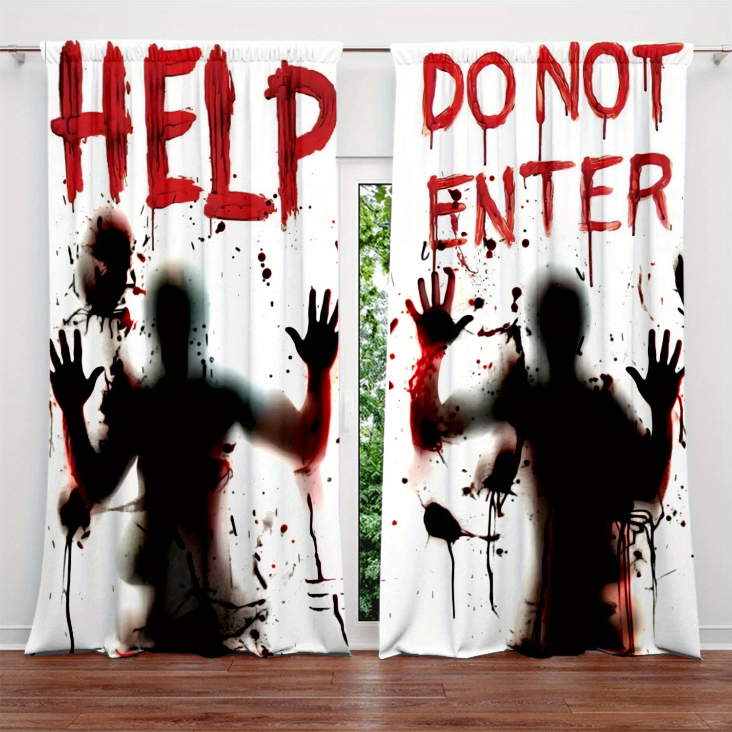 Halloween Horror Curtain, Zombie Hand Print Window Drape, Bloody HELP DO NOT ENTER Text, Scary Party Decor, Gothic Style Home