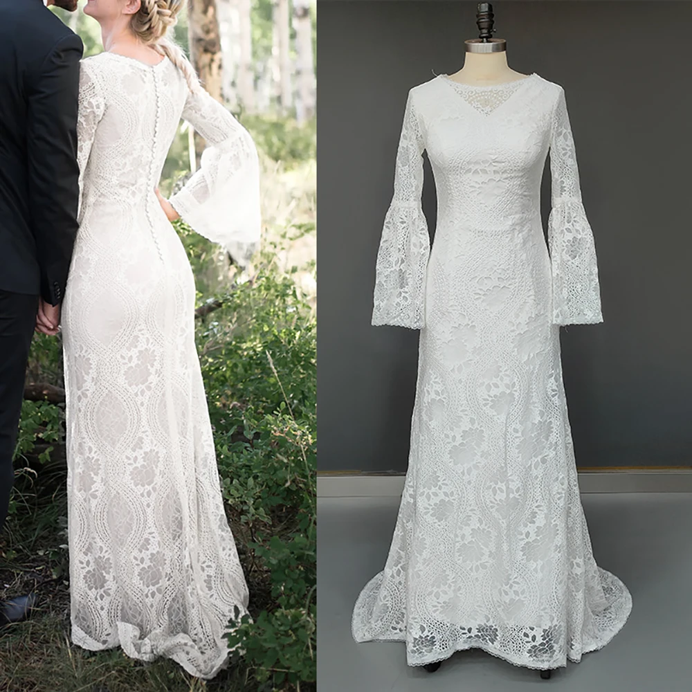 Lace Boho Sheath Wedding Dresses Long Bell Sleeve Rustic Bohemian Customized Drop Ship Plus Size Column Boat Neck Bridal Gown