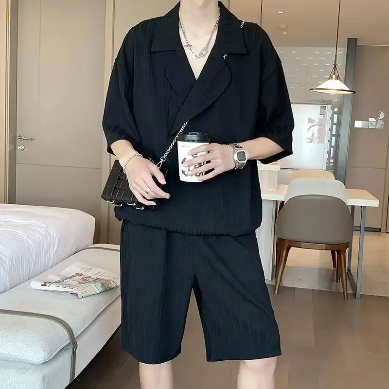 

Shirts Shorts Suits for Men Internet Celebrity Plain 2025 Trend Kpop Luxury Stylish Two-piece Set Man Sets