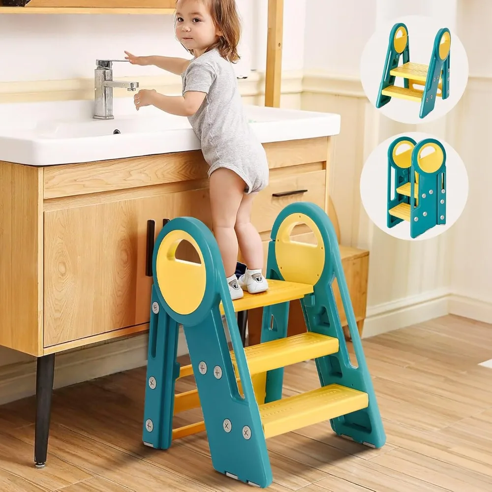 

Upgrade Triple Stability Foldable Adjustable 2 Steps to 3 Steps Toddler Step Stool for Bathroom Sink