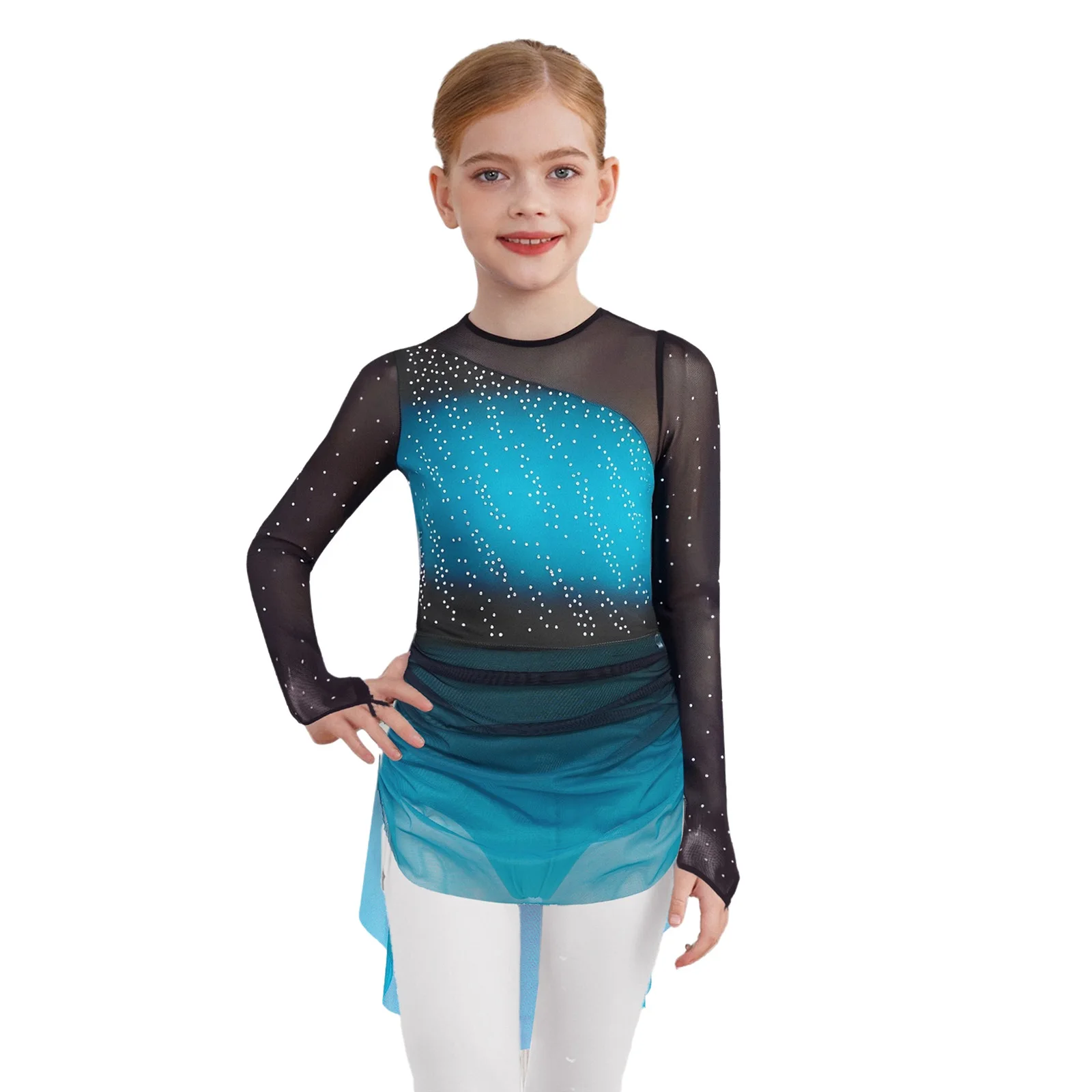 Mädchen Eiskunstlauf Trikot Kleid Lange Ärmel Sheer Mesh Patchwork Lyrical Dance Kleid Strass Farbverlauf Gymnastik Kostüm