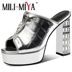 MILI-MIYA Fashion Silver Thick Heels Women Cow Leather Sandals Round Toe Slip On Platform Slip On Solid Color Dress Party Shoes