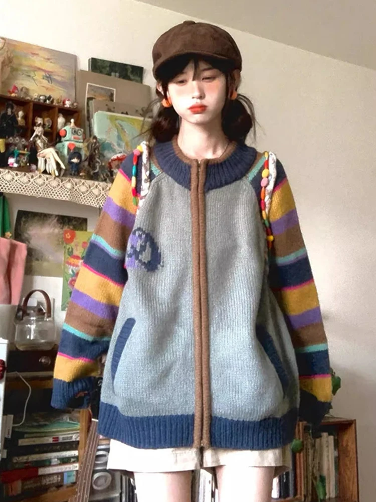 

Striped Zipper Knit Cardigan Women Sweet Preppy Loose American Vintage Sweater Fall Winter Long Sleeve O Neck Casual Retro Tops