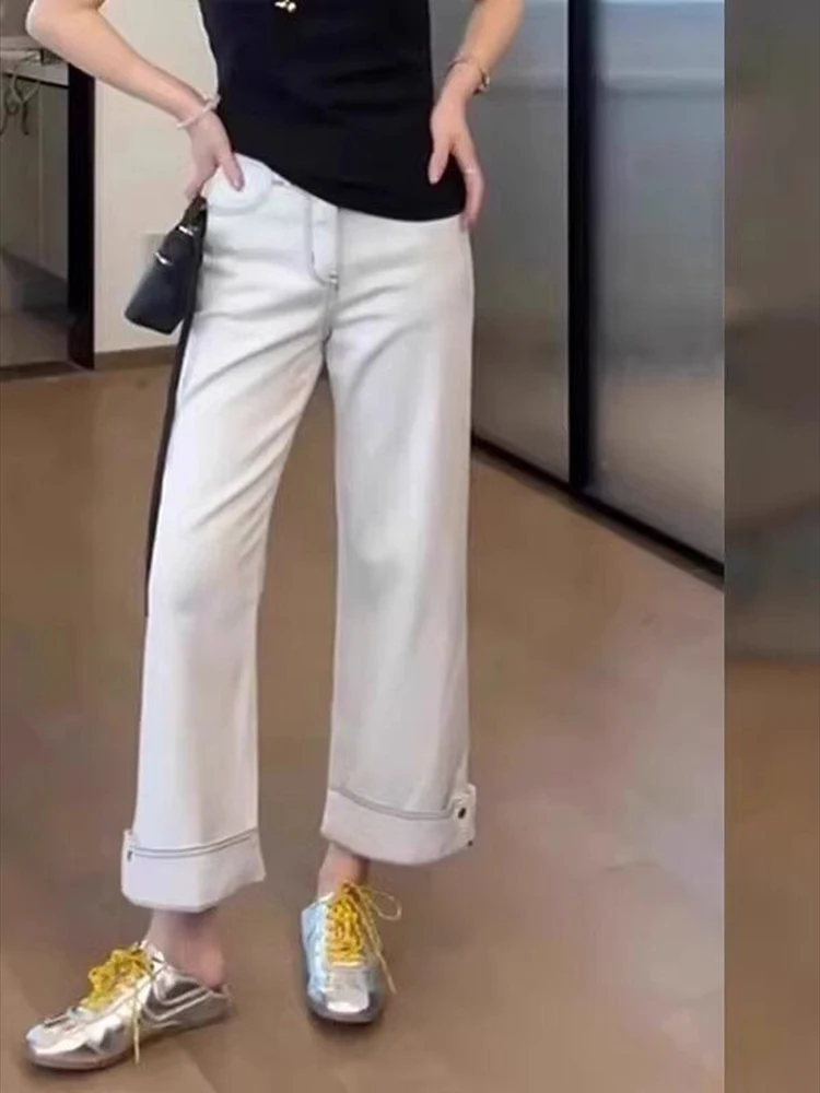 

Женские джинсы Moon Grey с девятью укороченными дымчатыми трубками, осень 2024, новый стиль, литературные и модные свободные прямые брюки