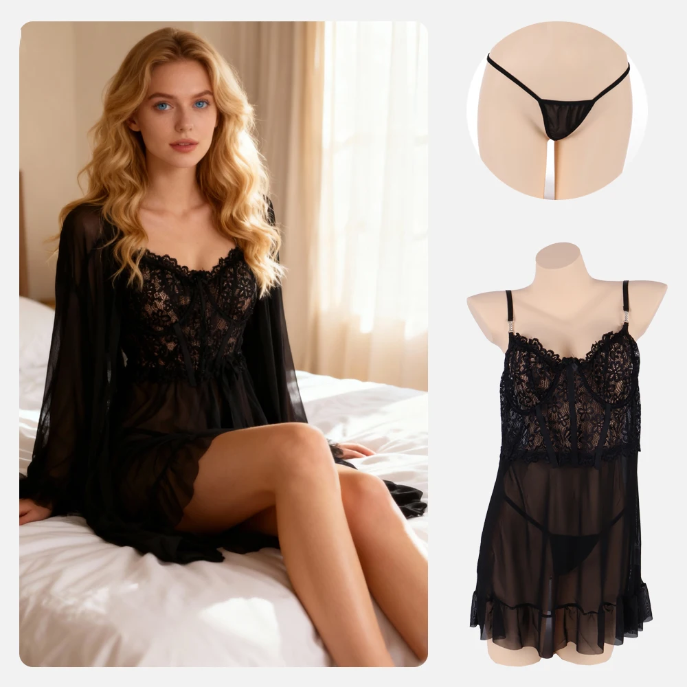 

Summer Women's Nightgown Sexy Lace Thin Homewear Halter Exquisite Sleepwear Erotic V-Neck Bra Panty Set Hot New Pajamas Sets