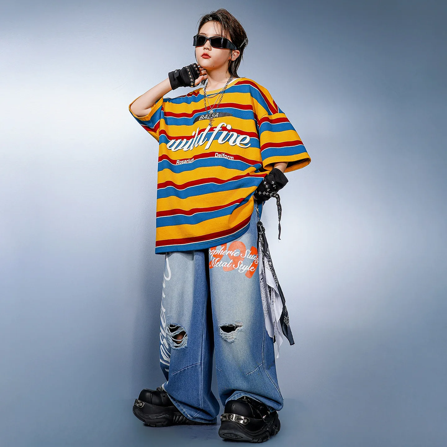 

Kid Hip Hop Clothing Yellow Striped T Shirt Denim Blue Casual Distressed Ripped Jeans Pants for Girl Boy Dance Costumes Clothes