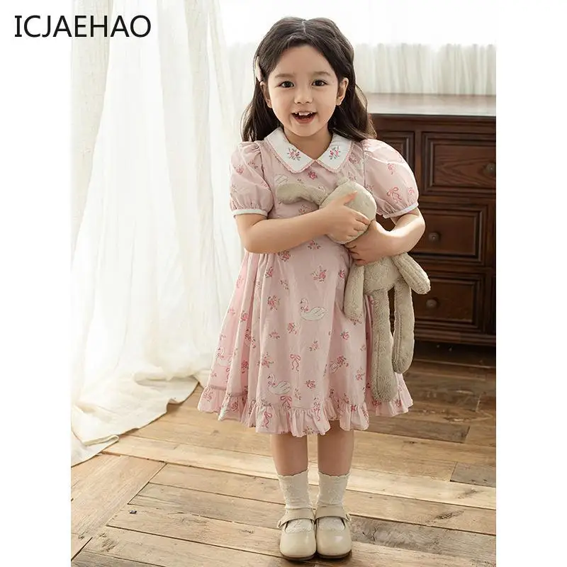 ICJAEHAO 2024 Baby Girls Dress Ruffled Pink Sweet Cute Flowers Animal Printing Holiday Newborn Kids Princess Bow Infant Clothing