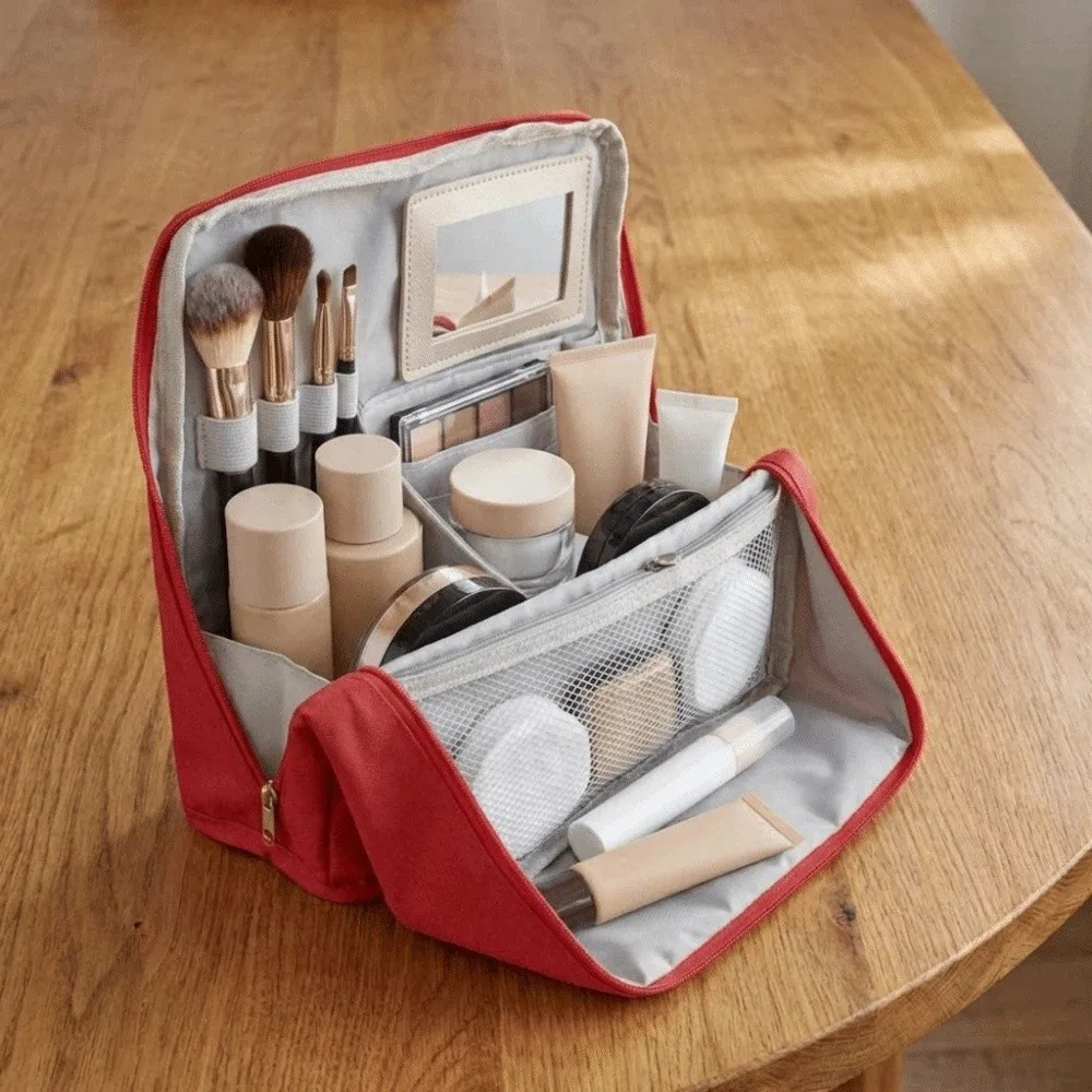 

Large Capacity Vertical Makeup Bag Standable Portable Student Stationery Bag with Mirror Minimalist Pencil Case School Supplies