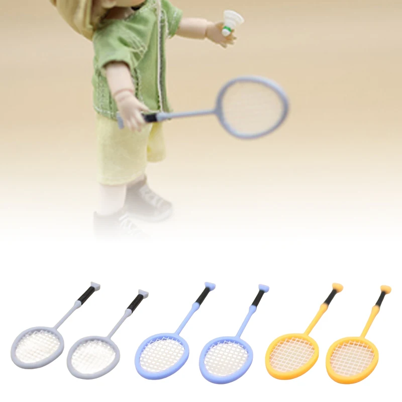1Pair 1:12 Dollhouse Simulation Mini Badminton Racket Set Dollhouse Sports Scene Decoration Dolls House Pretend Play Toys