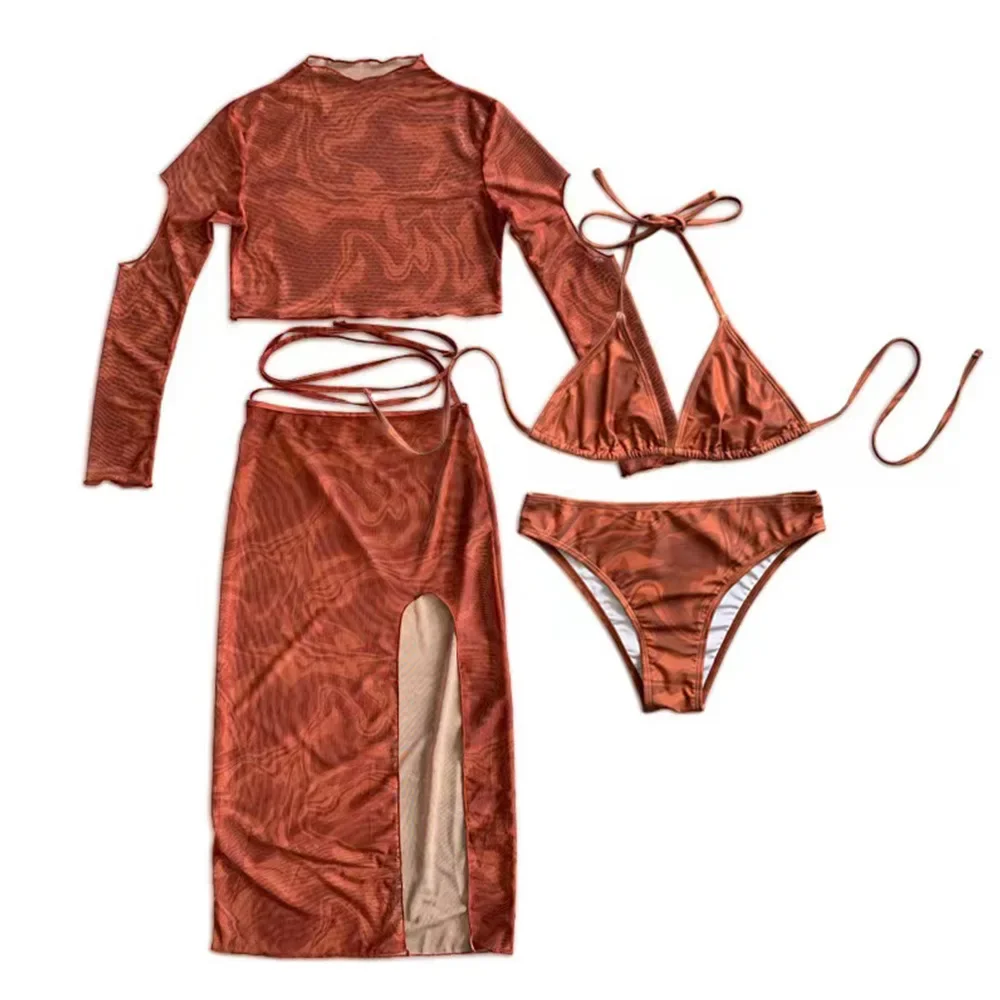 Nuovo set da 4 pezzi costume da bagno donna perizoma costumi da bagno micro bikini sexy con gonne pareo e top corto a maniche lunghe costume da bagno nero