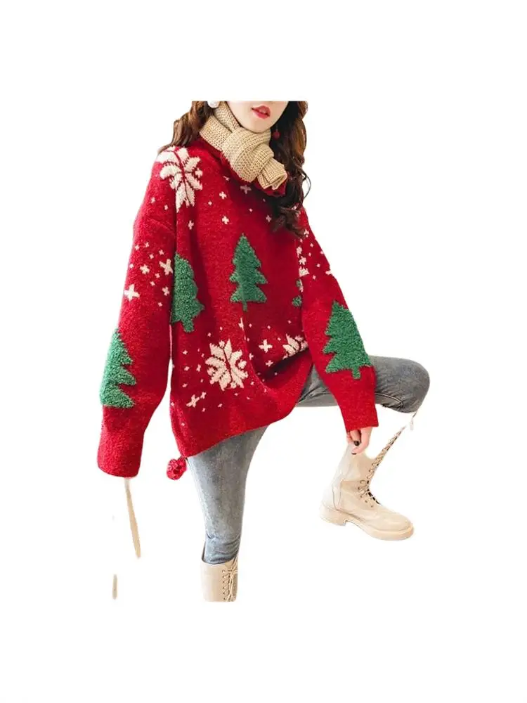 Suéter Holgado Mujer Rojo Copos Nieve
