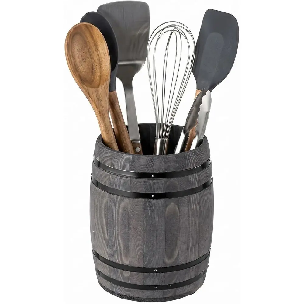 Vintage Gray Wooden Wine Barrel-Inspired Kitchen Utensil Holder