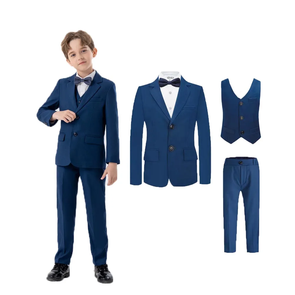 

Children Blue Autumn 4Pieces/Set Evening Jacket Vest Pants Bowtie Photograph Suit Kids Ceremony Dress Boys Party Host Costume